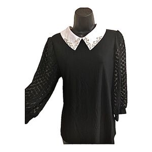 Black sheer sleeve white rhinestone peter pan collar blouse top size‎ large new